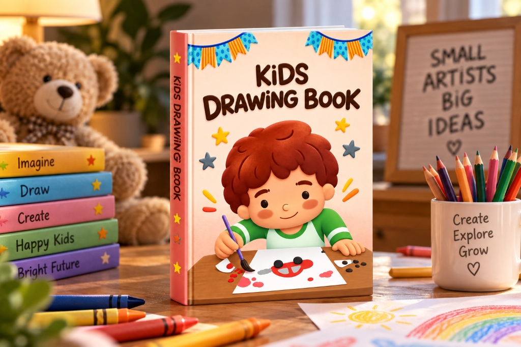 Kids Drawing Book Animals 3D mockup on creative workspace desk