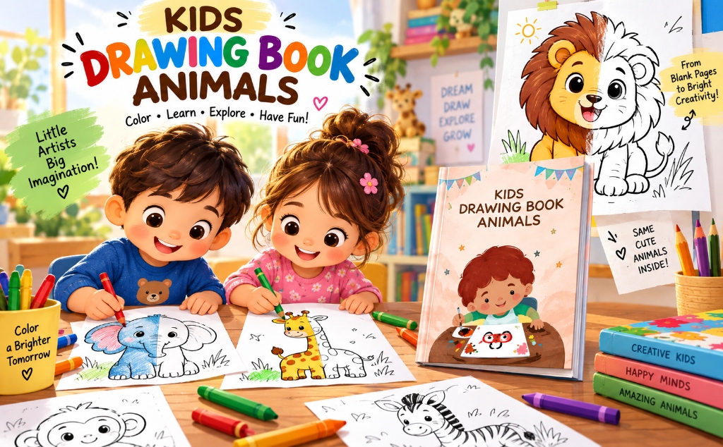 Children coloring drawing book pages creatively